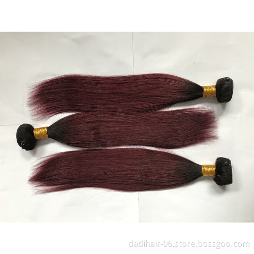 two tone ombre color dark red straight hair weave, natural Brazilian hair